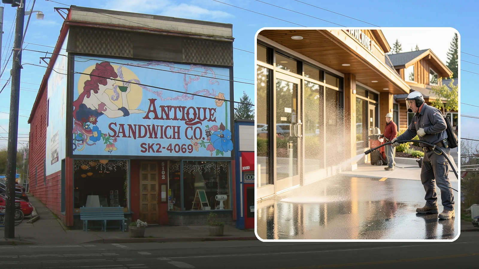 Retail Center Cleaning in Ruston, Pierce County, WA - Comprehensive exterior cleaning for shopping centers covering storefronts, common walkways, and parking areas that draw shoppers...