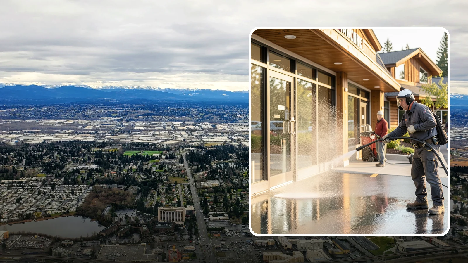 Retail Center Cleaning in SeaTac, King County, WA - Comprehensive exterior cleaning for shopping centers covering storefronts, common walkways, and parking areas that draw shoppers...