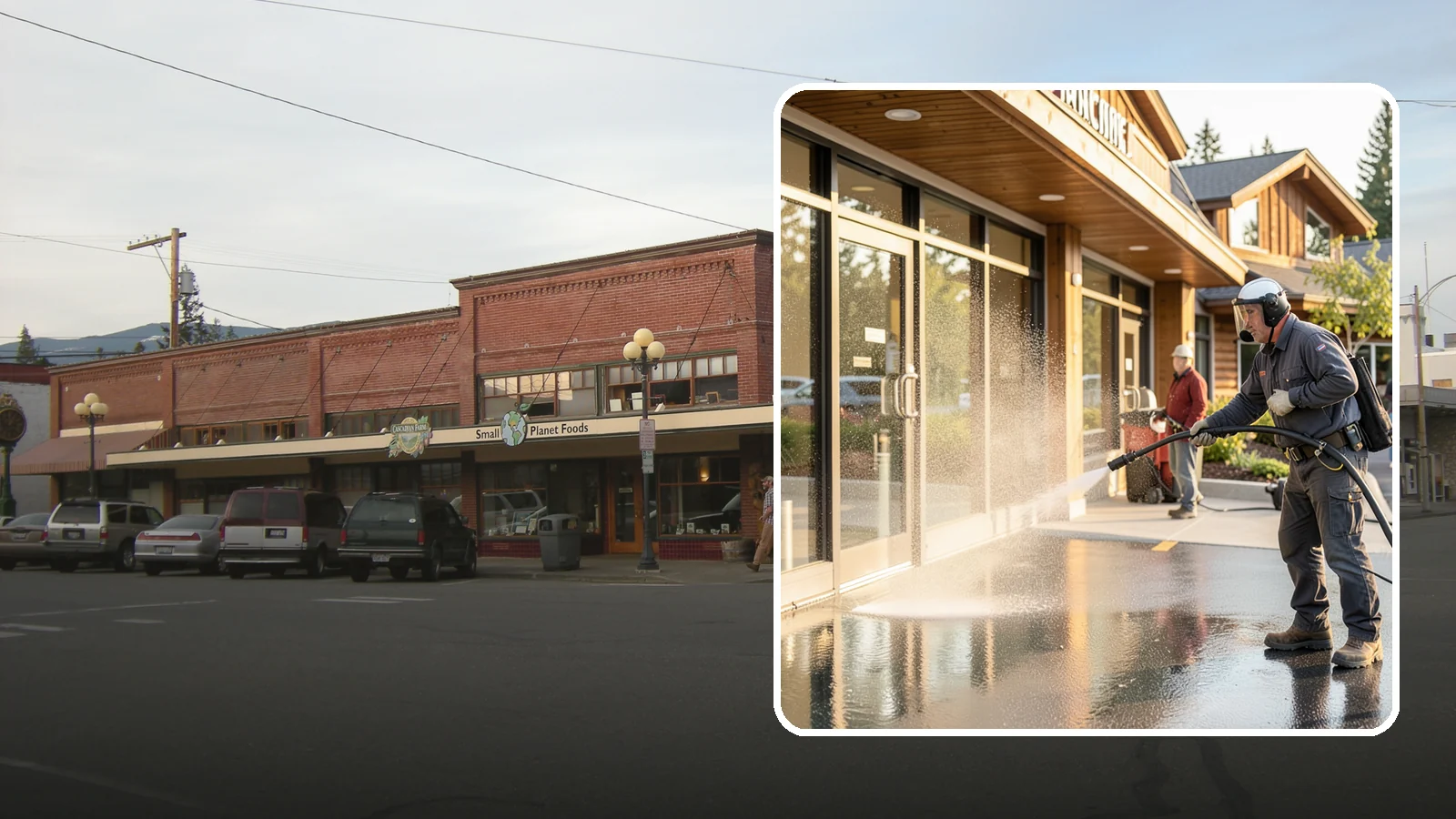 Retail Center Cleaning in Sedro-Woolley, Skagit County, WA - Comprehensive exterior cleaning for shopping centers covering storefronts, common walkways, and parking areas that draw shoppers...