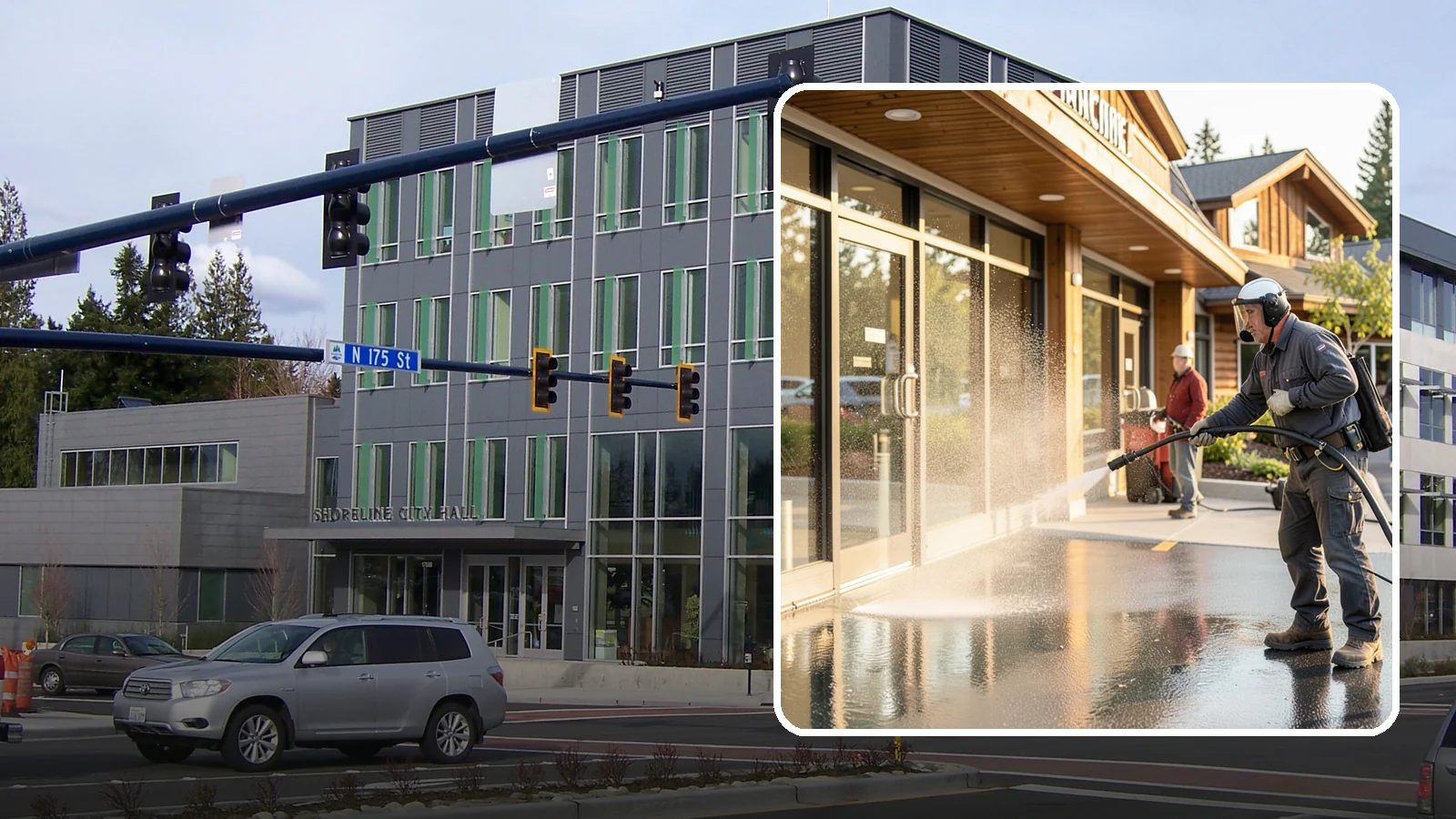 Retail Center Cleaning in Shoreline, King County, WA - Comprehensive exterior cleaning for shopping centers covering storefronts, common walkways, and parking areas that draw shoppers...