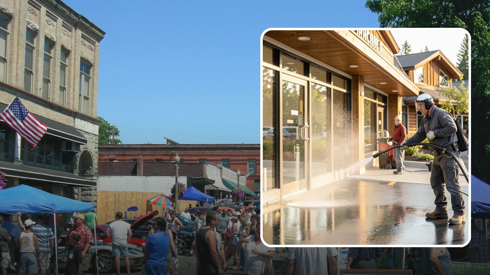 Retail Center Cleaning in Snohomish, Snohomish County, WA - Comprehensive exterior cleaning for shopping centers covering storefronts, common walkways, and parking areas that draw shoppers...