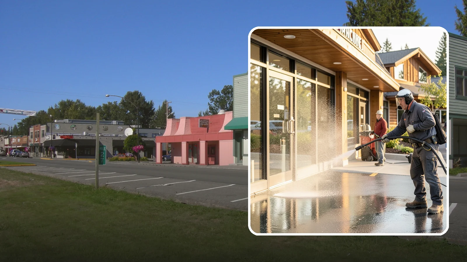 Retail Center Cleaning in Snoqualmie, King County, WA - Comprehensive exterior cleaning for shopping centers covering storefronts, common walkways, and parking areas that draw shoppers...
