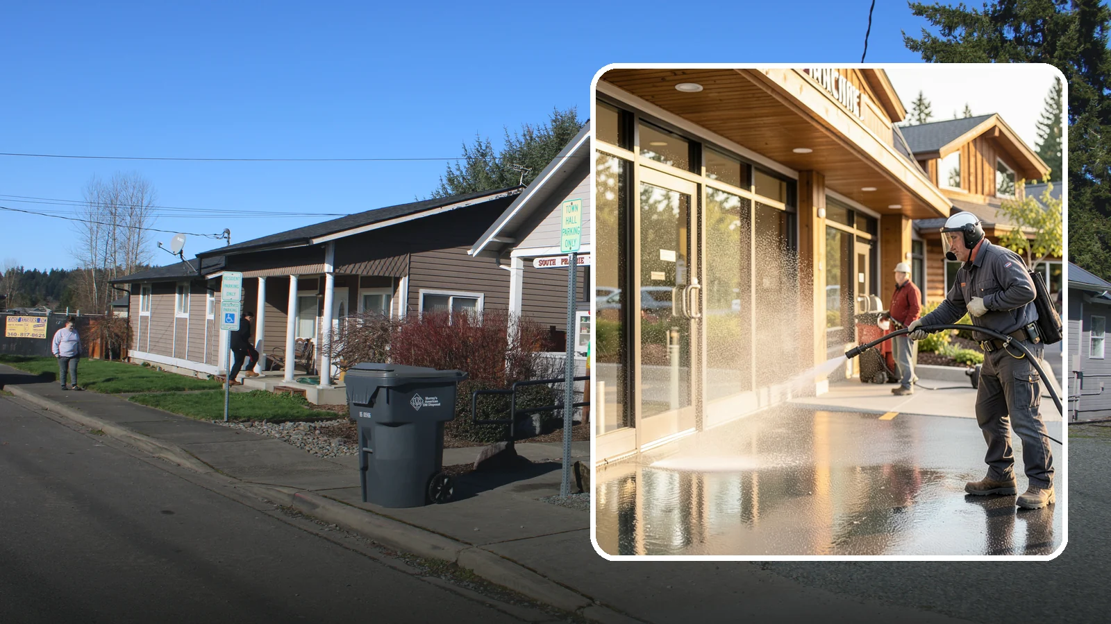Retail Center Cleaning in South Prairie, Pierce County, WA - Comprehensive exterior cleaning for shopping centers covering storefronts, common walkways, and parking areas that draw shoppers...