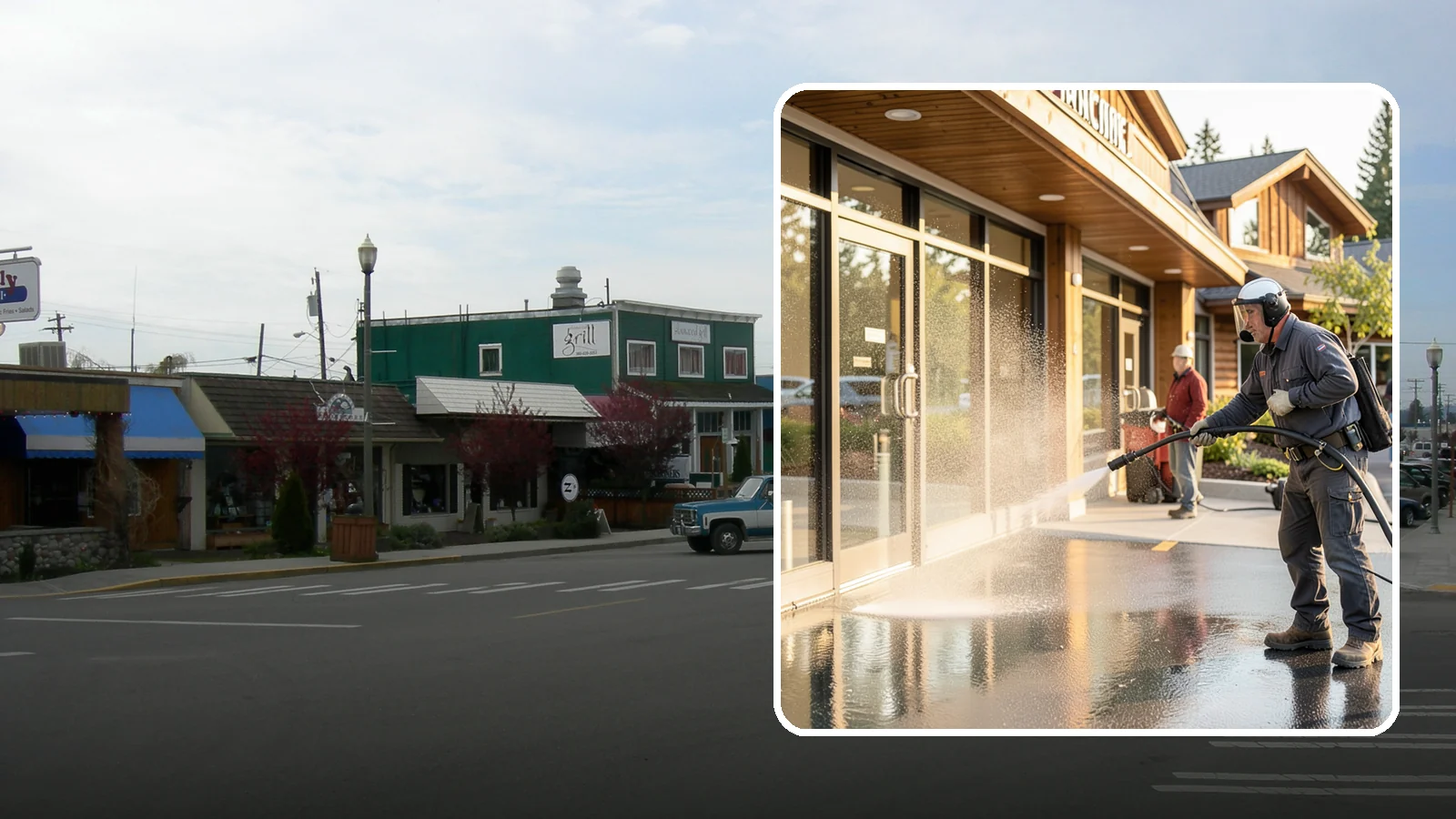 Retail Center Cleaning in Stanwood, Snohomish County, WA - Comprehensive exterior cleaning for shopping centers covering storefronts, common walkways, and parking areas that draw shoppers...