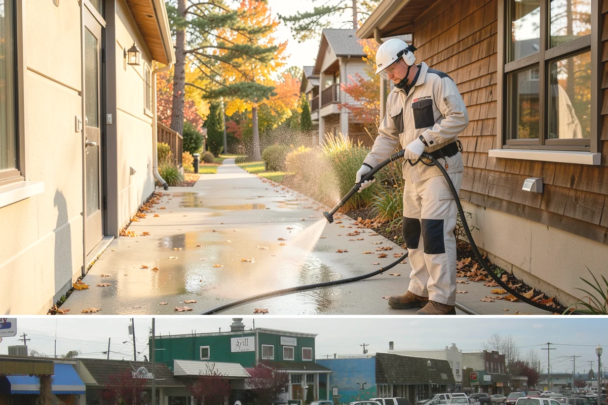 Retail Center Cleaning in Stanwood, Snohomish County, WA - A spring refresh followed by pre-holiday cleaning in late fall keeps a retail center looking its best through peak shopping...