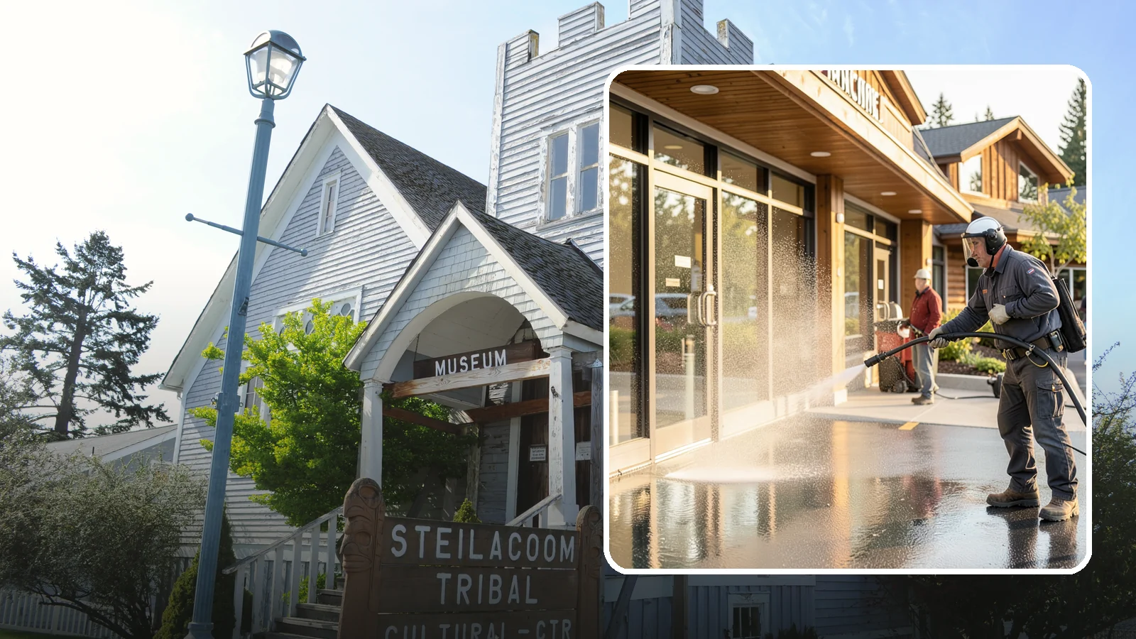 Retail Center Cleaning in Steilacoom, Pierce County, WA - Comprehensive exterior cleaning for shopping centers covering storefronts, common walkways, and parking areas that draw shoppers...