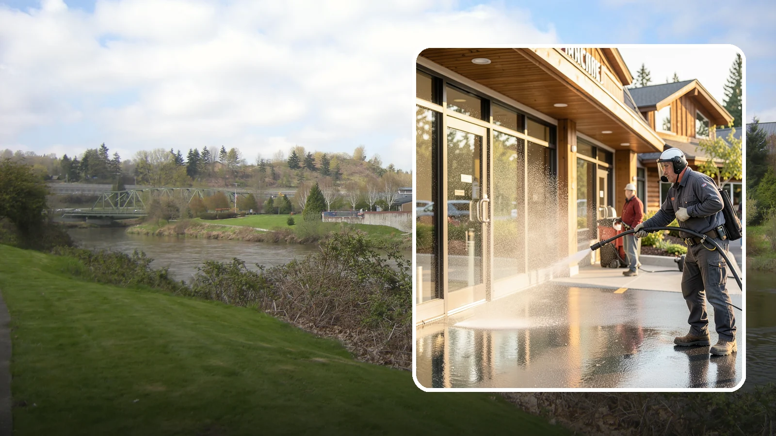 Retail Center Cleaning in Tukwila, King County, WA - Comprehensive exterior cleaning for shopping centers covering storefronts, common walkways, and parking areas that draw shoppers...