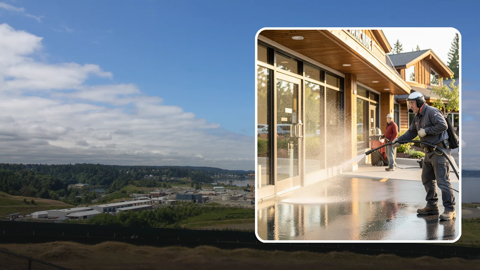 Retail Center Cleaning in University Place, Pierce County, WA - Comprehensive exterior cleaning for shopping centers covering storefronts, common walkways, and parking areas that draw shoppers...