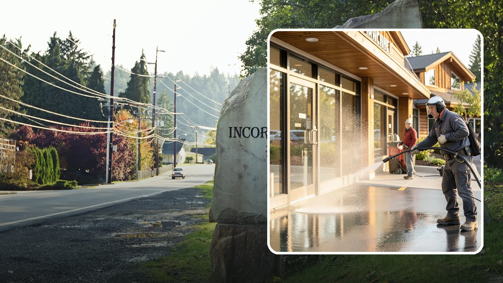 Retail Center Cleaning in Wilkeson, Pierce County, WA - Comprehensive exterior cleaning for shopping centers covering storefronts, common walkways, and parking areas that draw shoppers...