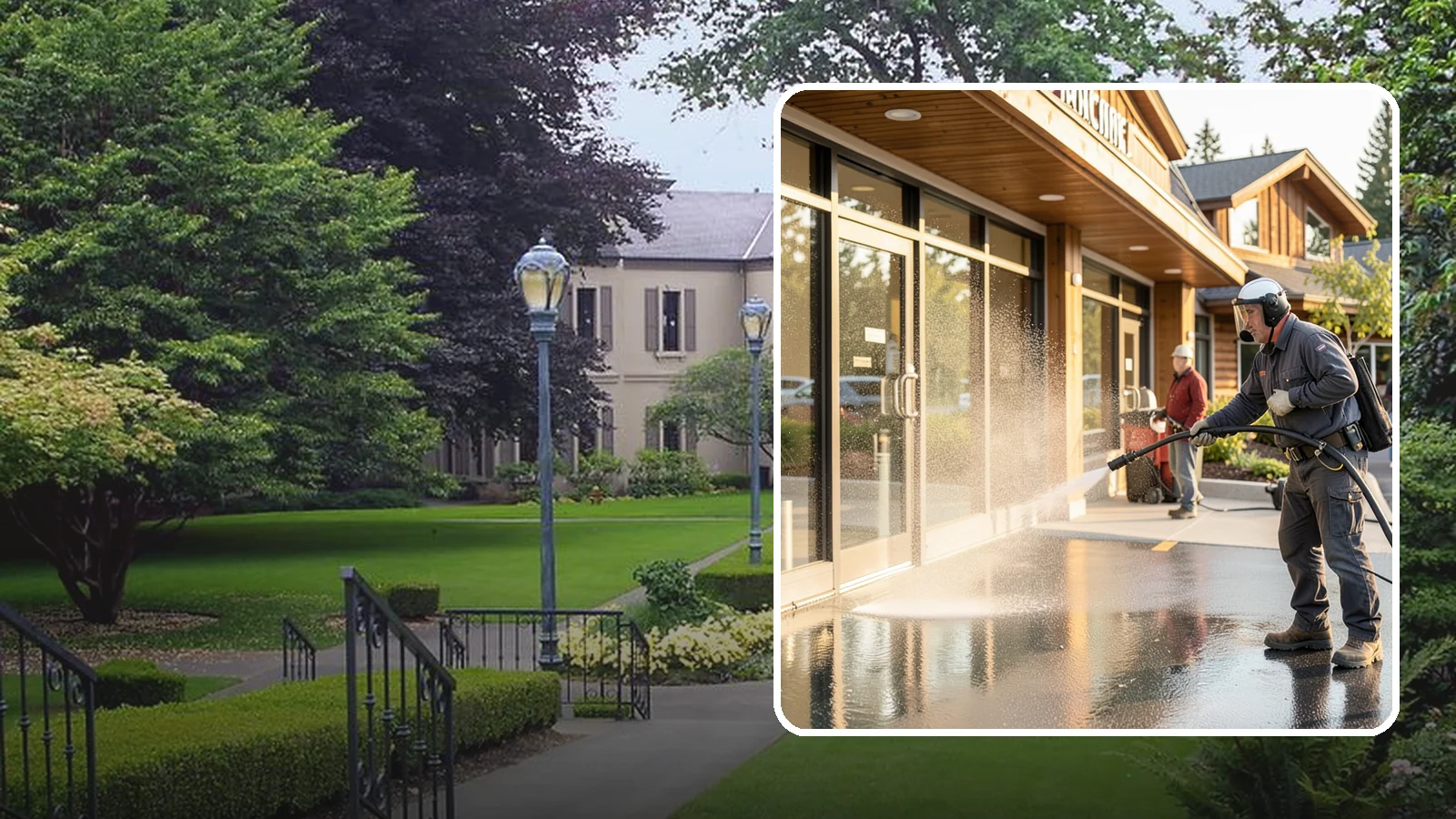 Retail Center Cleaning in Woodinville, King County, WA - Comprehensive exterior cleaning for shopping centers covering storefronts, common walkways, and parking areas that draw shoppers...