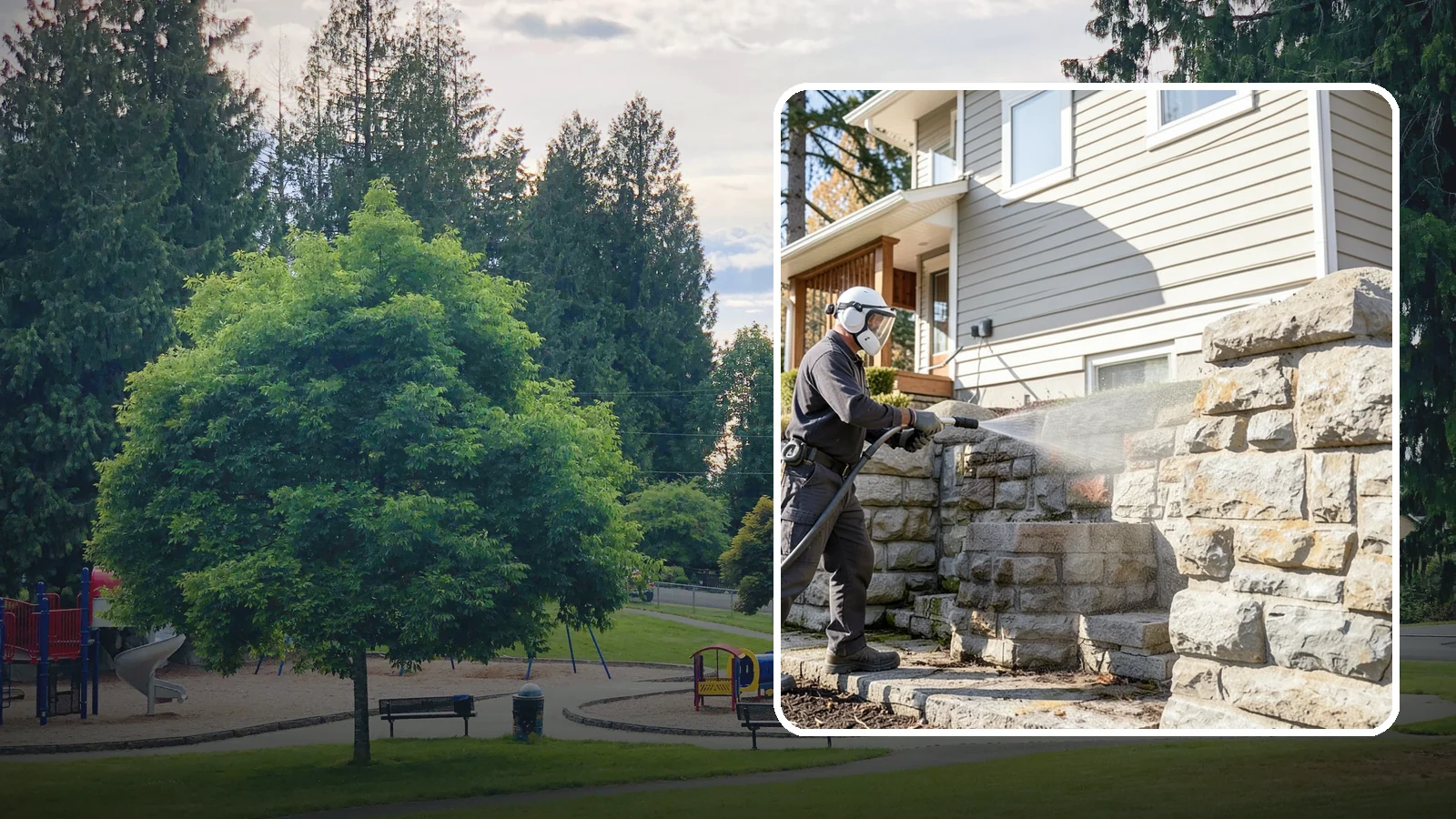 Retaining Wall Cleaning in Bonney Lake, Pierce County, WA - Clean poured and block retaining walls to remove the moss, algae, and soil staining typical of terraced Northwest yards.