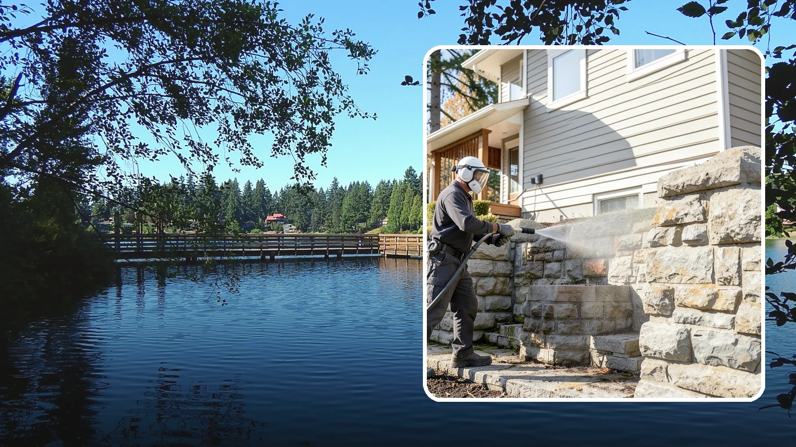 Retaining Wall Cleaning in Federal Way, King County, WA - Clean poured and block retaining walls to remove the moss, algae, and soil staining typical of terraced Northwest yards.