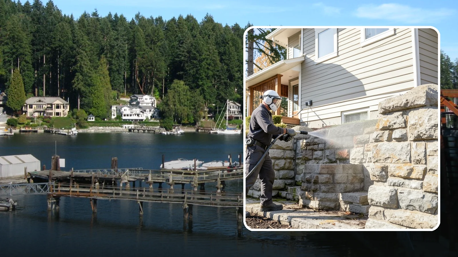 Retaining Wall Cleaning in Gig Harbor, Pierce County, WA - Clean poured and block retaining walls to remove the moss, algae, and soil staining typical of terraced Northwest yards.