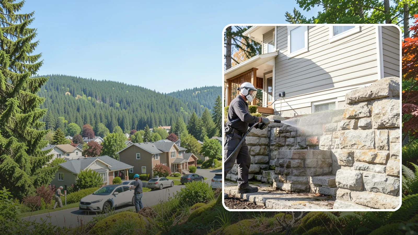 Retaining Wall Cleaning in Index, Snohomish County, WA - Clean poured and block retaining walls to remove the moss, algae, and soil staining typical of terraced Northwest yards.