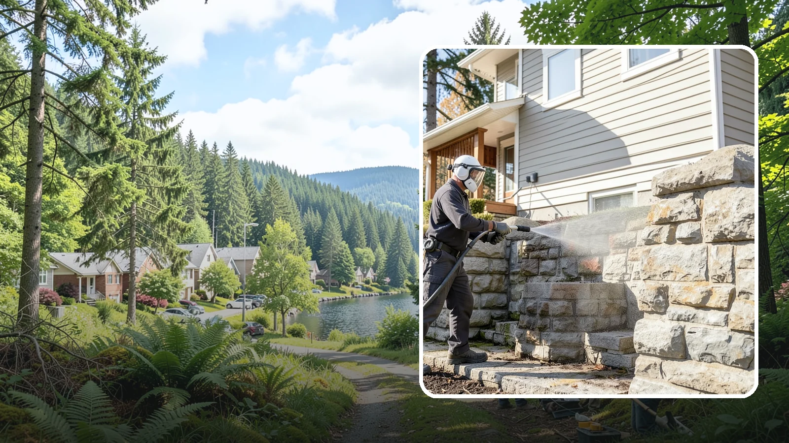 Retaining Wall Cleaning in Lake Forest Park, King County, WA - Clean poured and block retaining walls to remove the moss, algae, and soil staining typical of terraced Northwest yards.