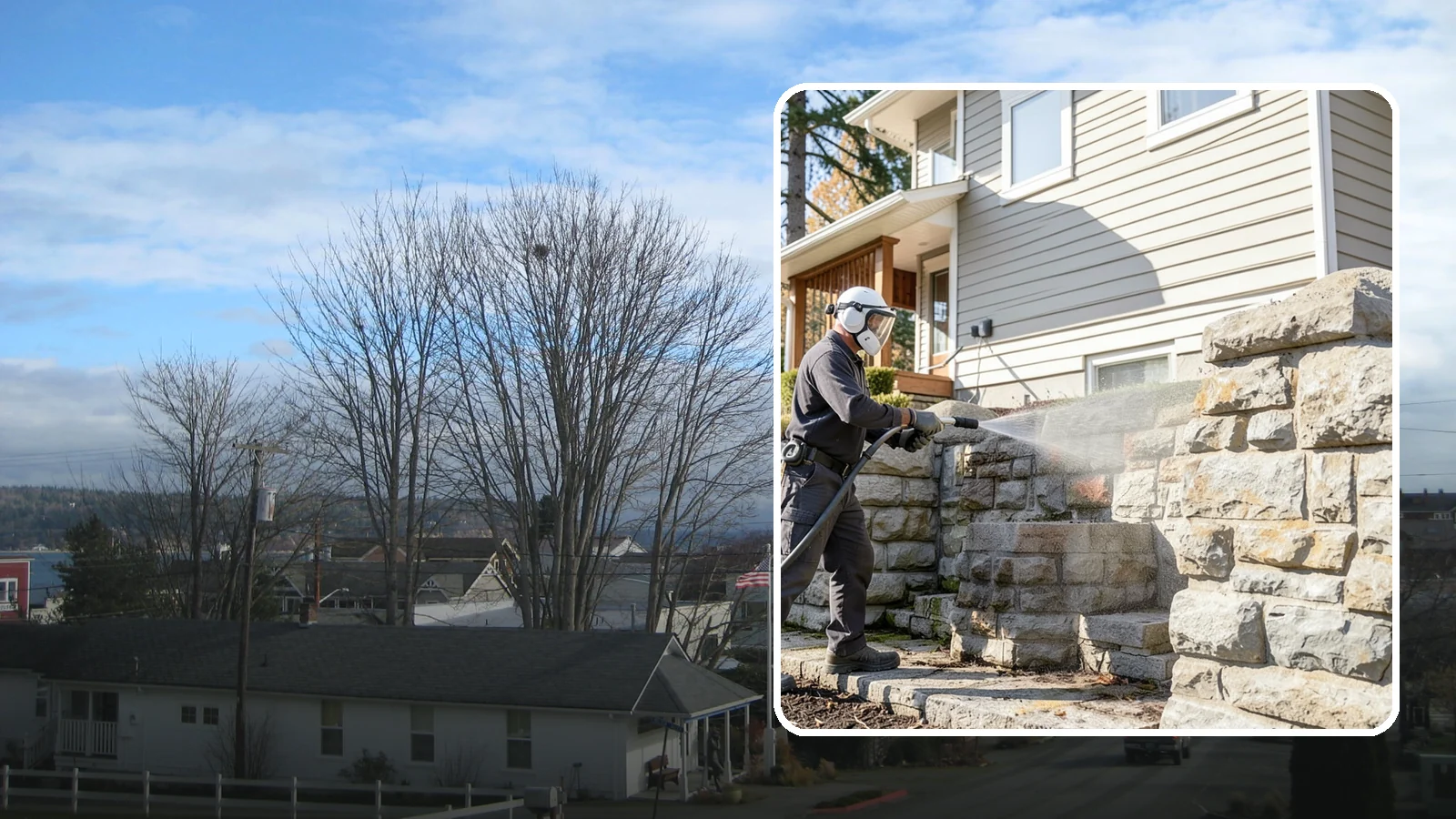 Retaining Wall Cleaning in Langley, Island County, WA - Clean poured and block retaining walls to remove the moss, algae, and soil staining typical of terraced Northwest yards.