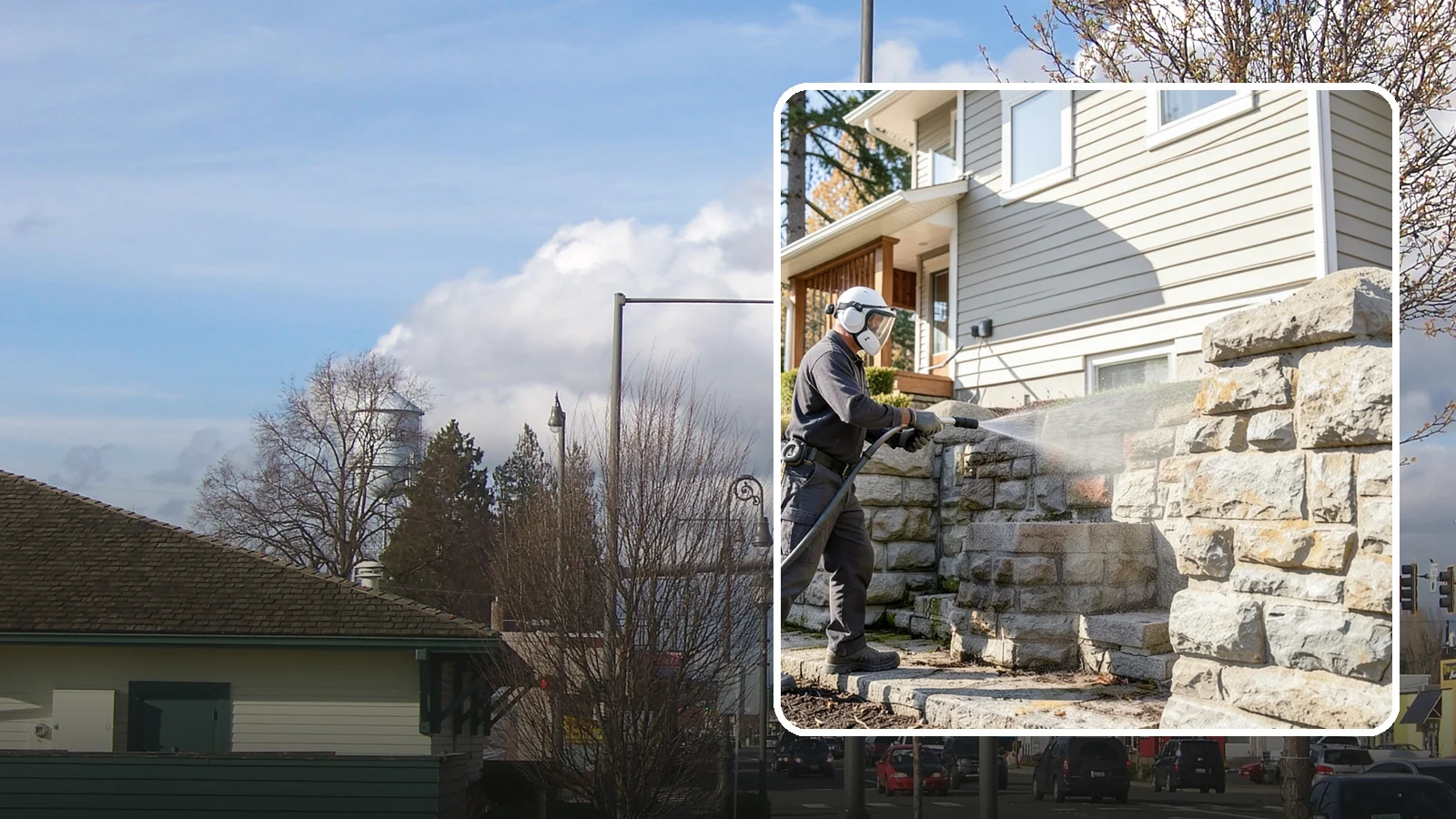 Retaining Wall Cleaning in Marysville, Snohomish County, WA - Clean poured and block retaining walls to remove the moss, algae, and soil staining typical of terraced Northwest yards.