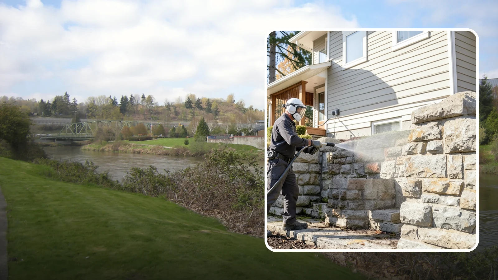 Retaining Wall Cleaning in Tukwila, King County, WA - Clean poured and block retaining walls to remove the moss, algae, and soil staining typical of terraced Northwest yards.