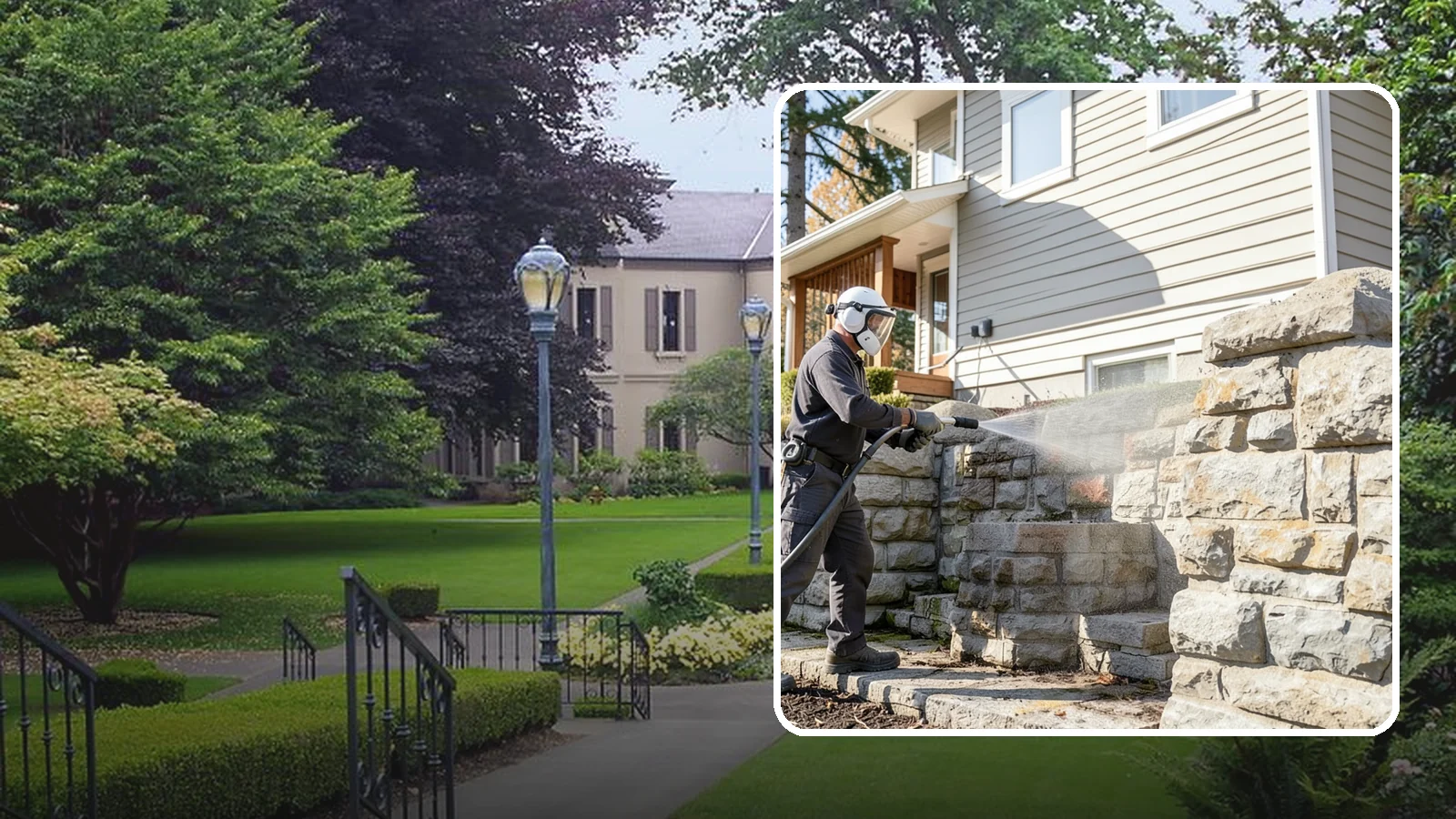 Retaining Wall Cleaning in Woodinville, King County, WA - Clean poured and block retaining walls to remove the moss, algae, and soil staining typical of terraced Northwest yards.