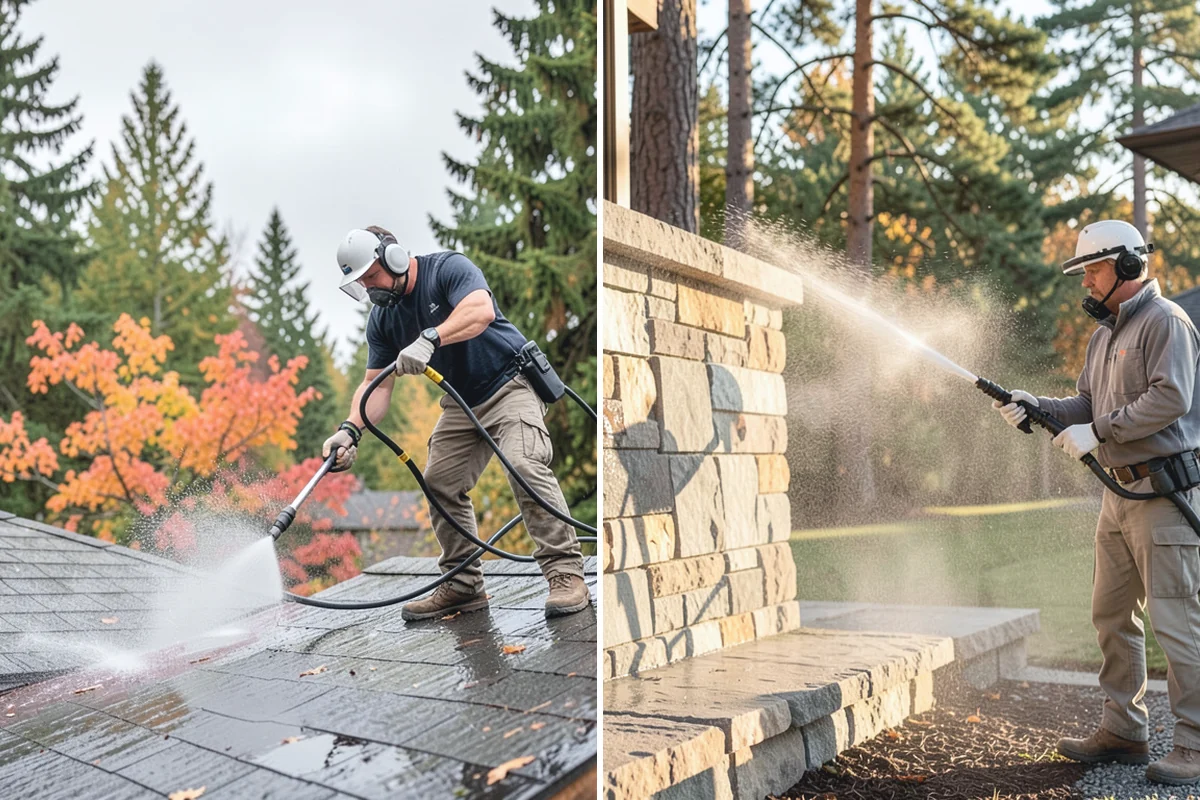 Retaining Wall Cleaning in Woodinville, King County, WA - Clear vegetation creeping onto the wall face