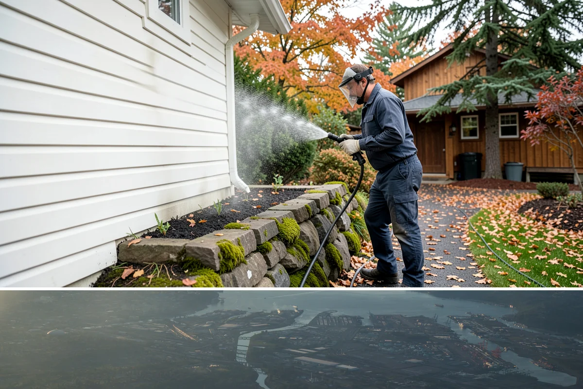 Retaining Wall Washing in Fife, Pierce County, WA - Cleaning in early summer, after the soil begins to dry, limits the moisture that keeps masonry walls damp and speeds the return...