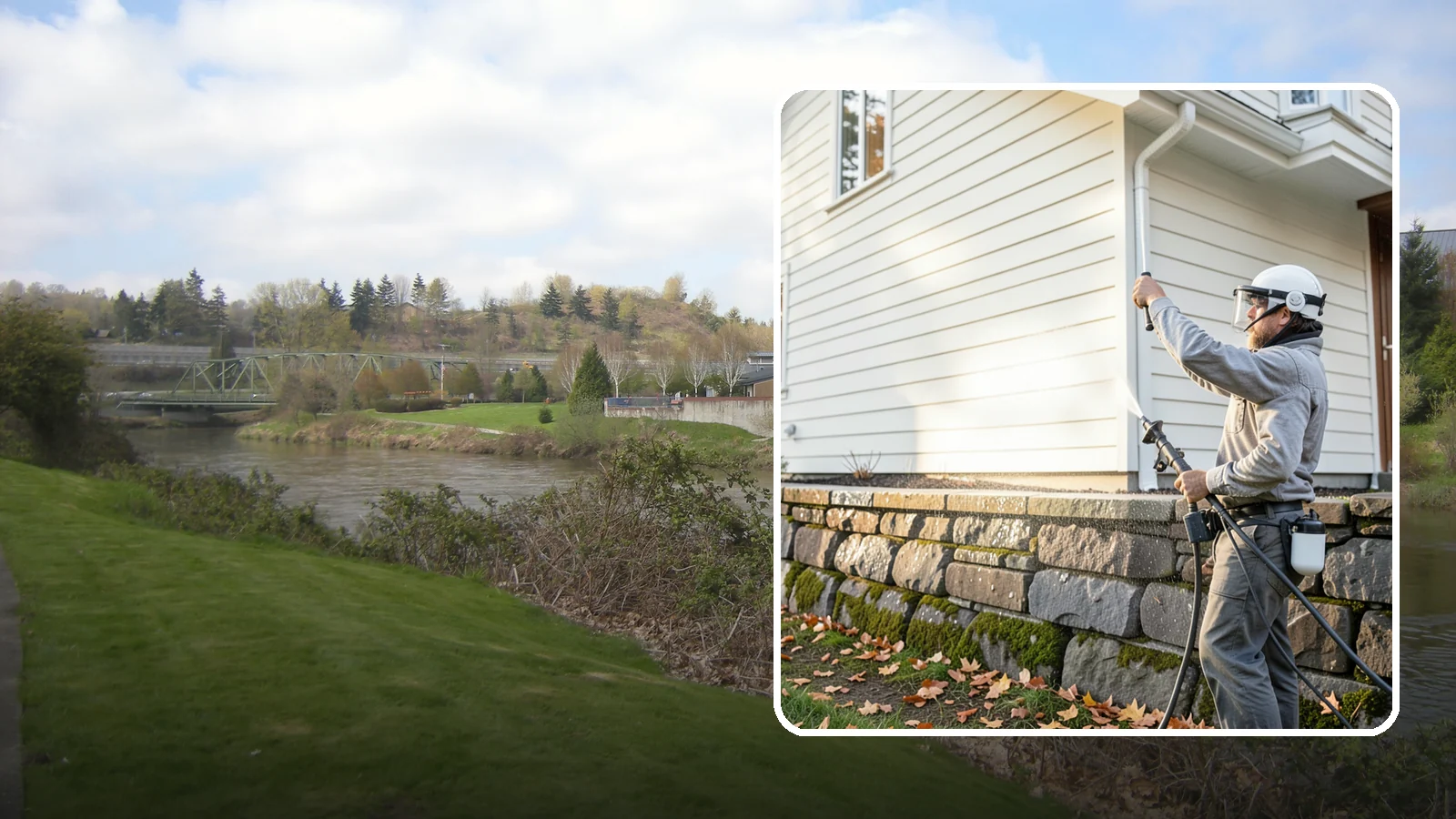 Retaining Wall Washing in Tukwila, King County, WA - Wash masonry retaining walls to remove moss, mineral leaching, and soil stains from constantly damp structures.