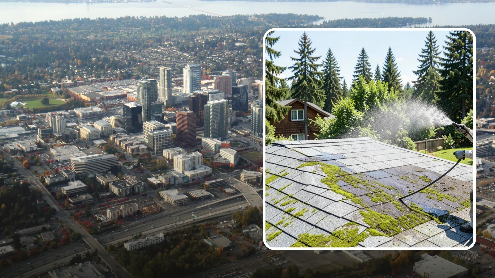 Roof Algae Removal in Bellevue, King County, WA - Soft wash algae removal that dissolves the dark biological staining spreading across Northwest rooftops.