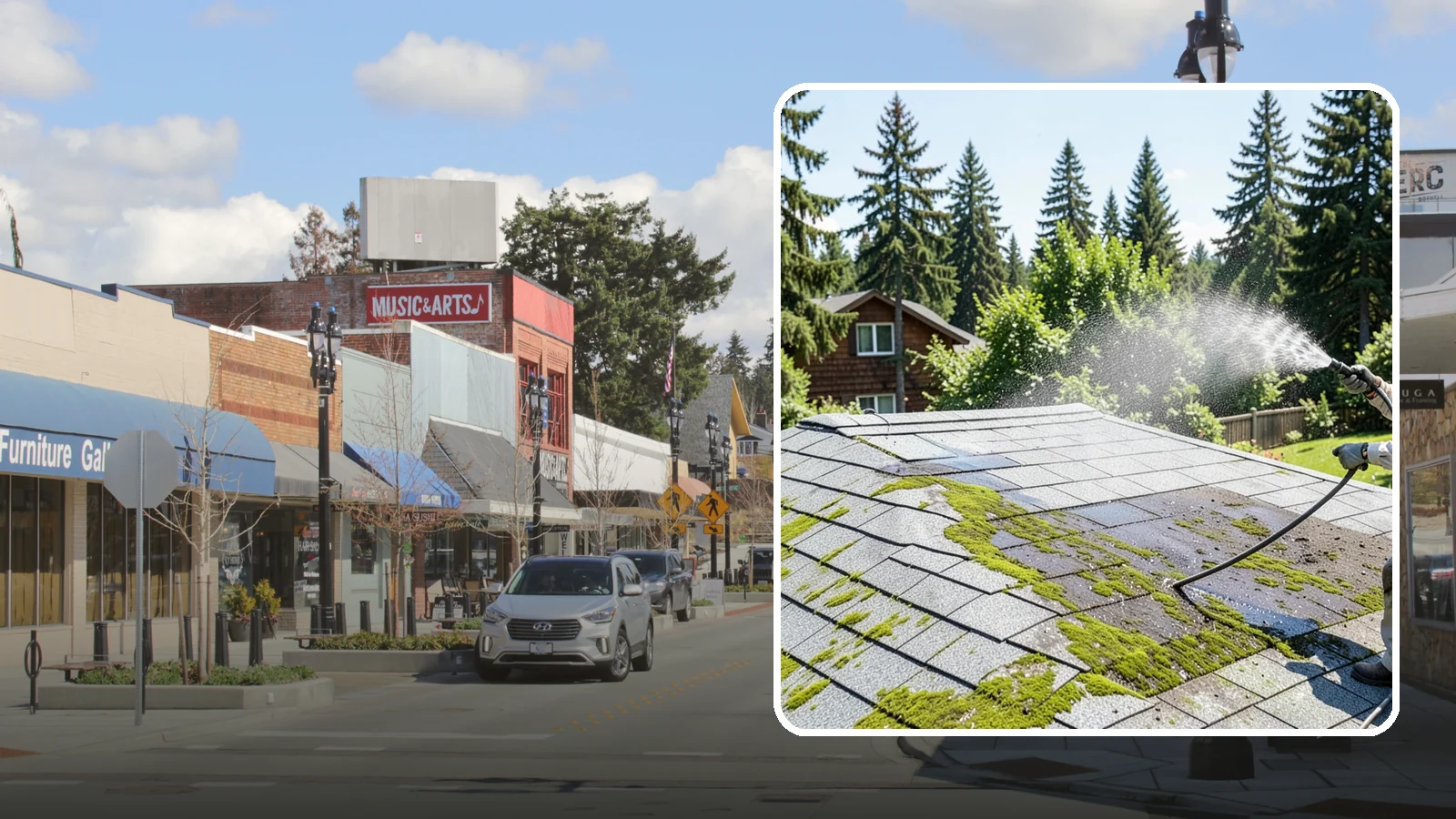 Roof Algae Removal in Bothell, King County, WA - Soft wash algae removal that dissolves the dark biological staining spreading across Northwest rooftops.