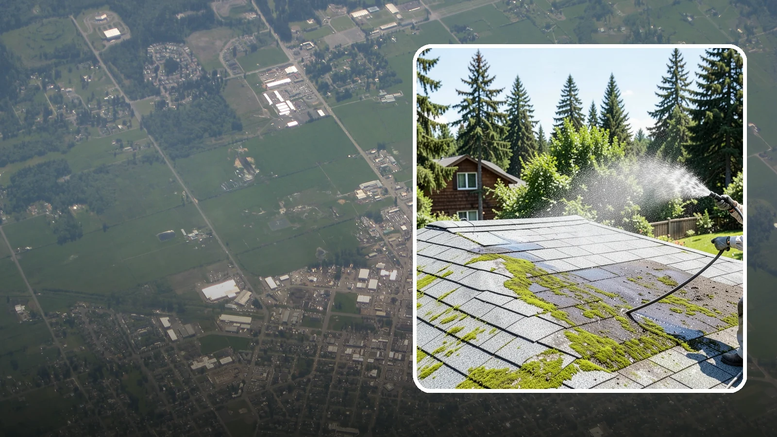 Roof Algae Removal in Enumclaw, King County, WA - Soft wash algae removal that dissolves the dark biological staining spreading across Northwest rooftops.