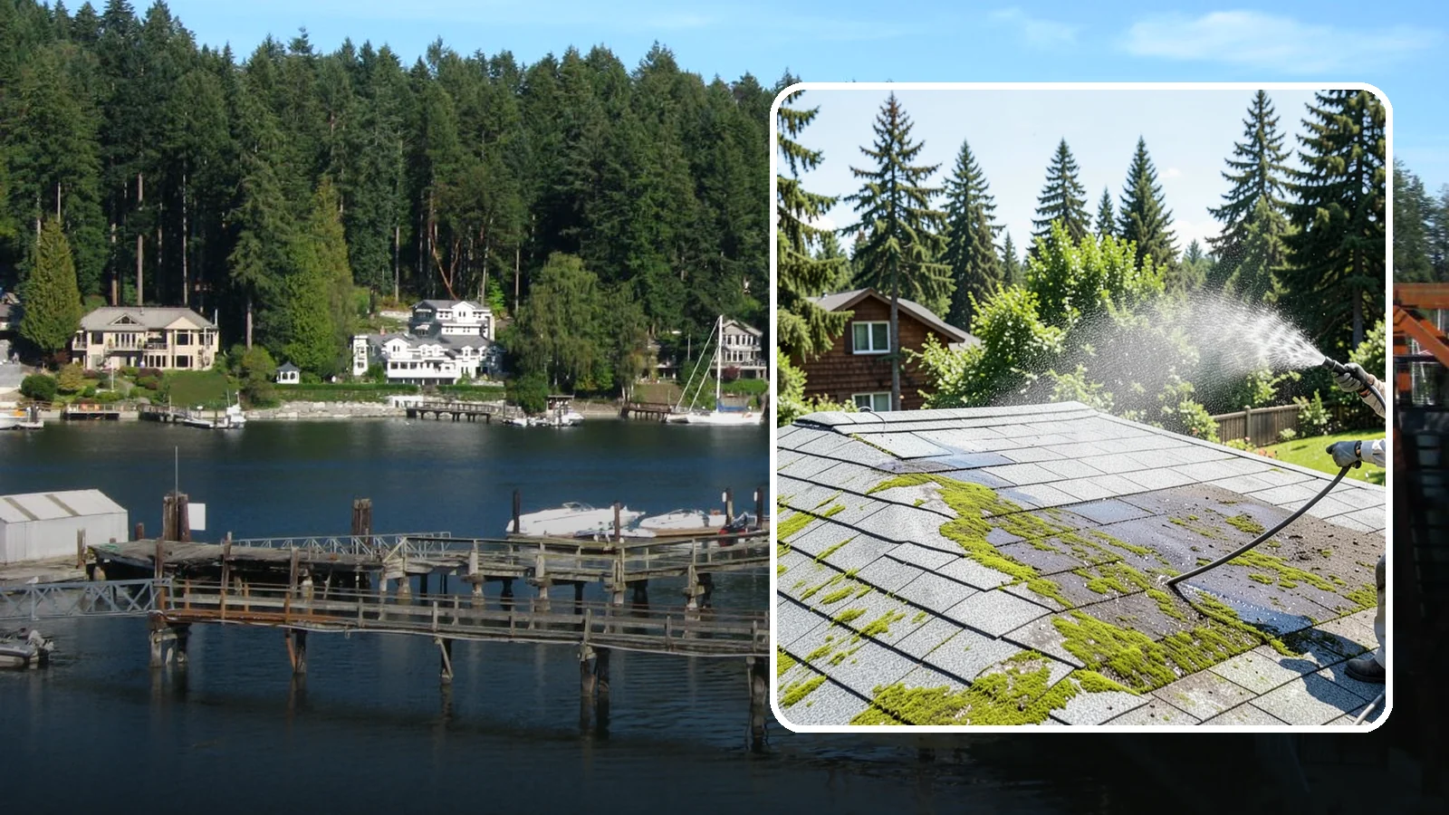 Roof Algae Removal in Gig Harbor, Pierce County, WA - Soft wash algae removal that dissolves the dark biological staining spreading across Northwest rooftops.