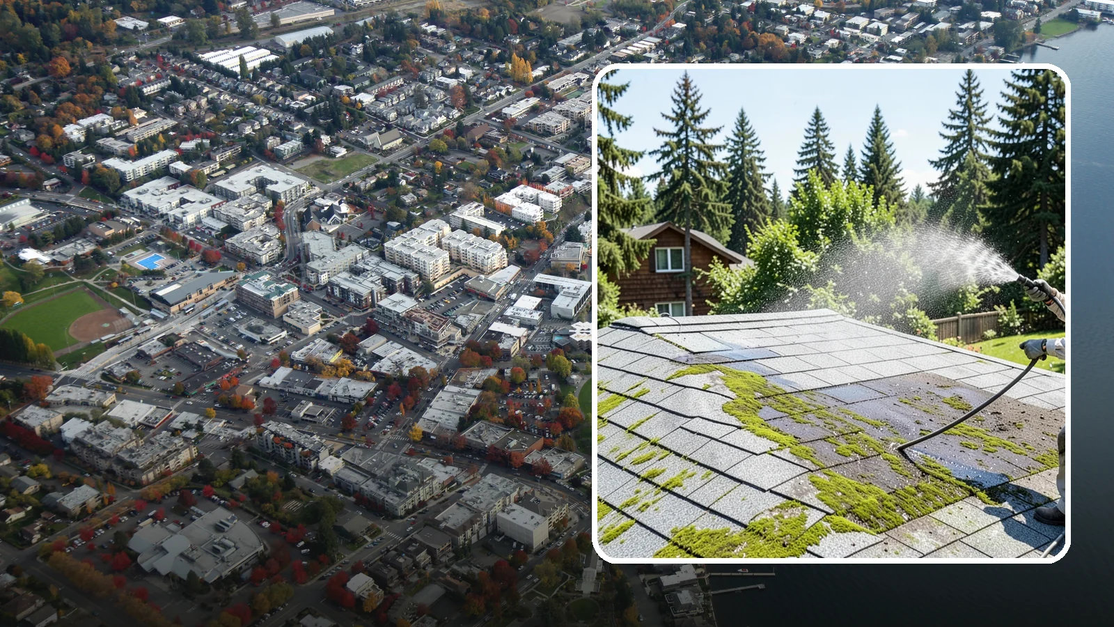 Roof Algae Removal in Kirkland, King County, WA - Soft wash algae removal that dissolves the dark biological staining spreading across Northwest rooftops.