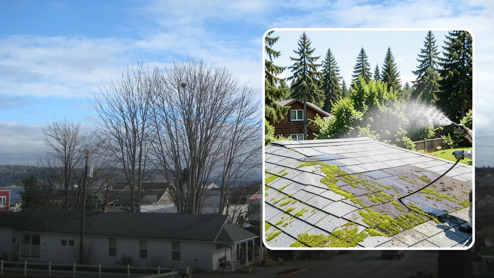 Roof Algae Removal in Langley, Island County, WA - Soft wash algae removal that dissolves the dark biological staining spreading across Northwest rooftops.