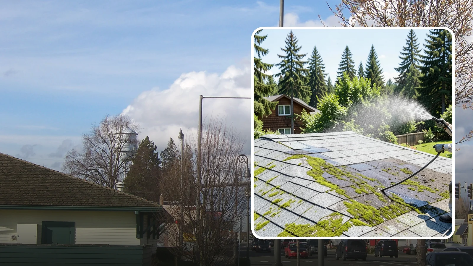 Roof Algae Removal in Marysville, Snohomish County, WA - Soft wash algae removal that dissolves the dark biological staining spreading across Northwest rooftops.