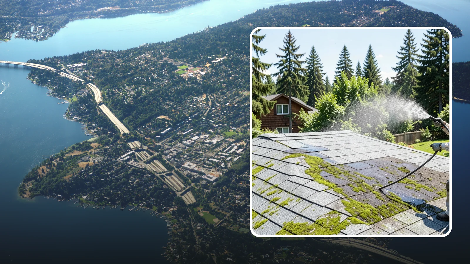 Roof Algae Removal in Mercer Island, King County, WA - Soft wash algae removal that dissolves the dark biological staining spreading across Northwest rooftops.