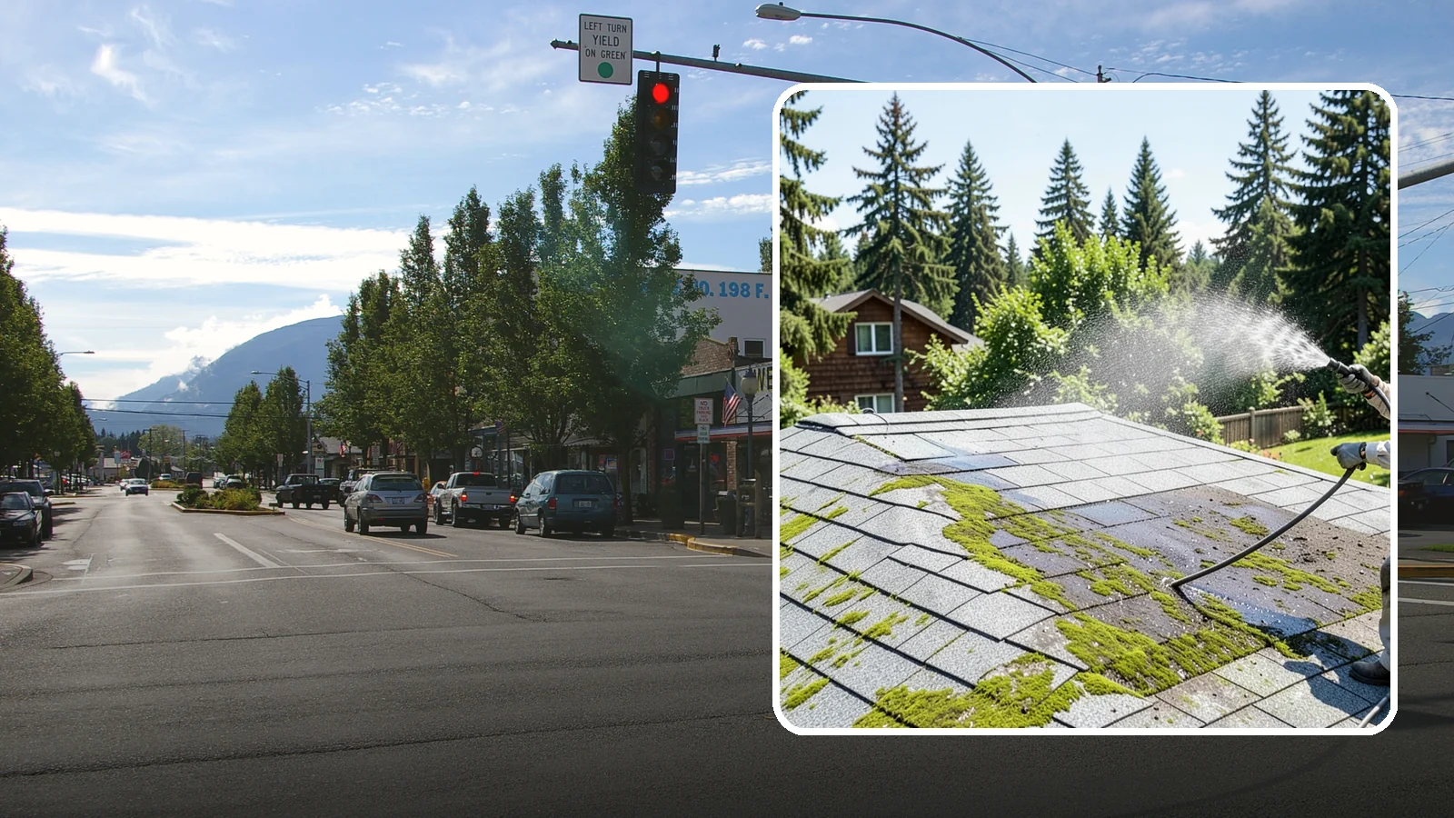Roof Algae Removal in North Bend, King County, WA - Soft wash algae removal that dissolves the dark biological staining spreading across Northwest rooftops.