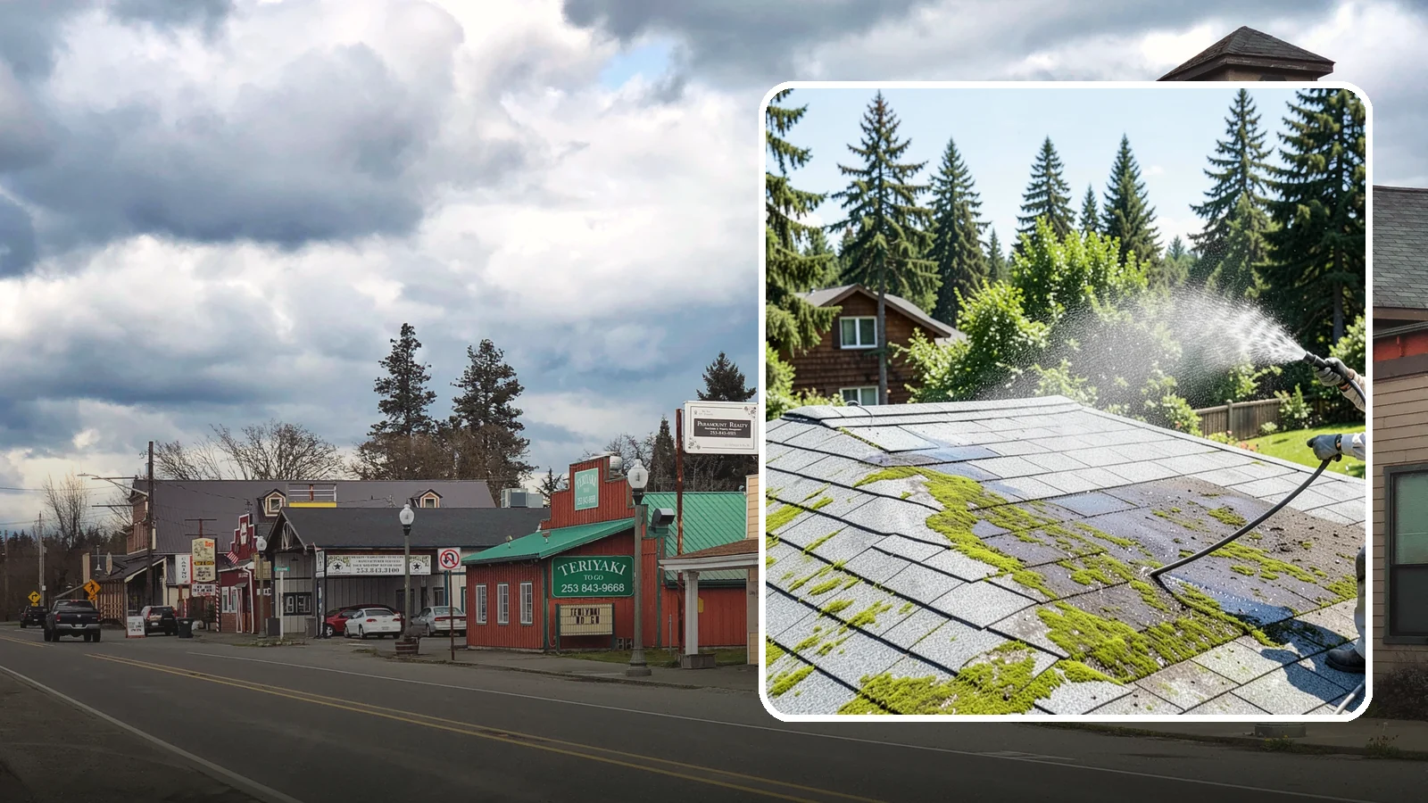 Roof Algae Removal in Roy, Pierce County, WA - Soft wash algae removal that dissolves the dark biological staining spreading across Northwest rooftops.