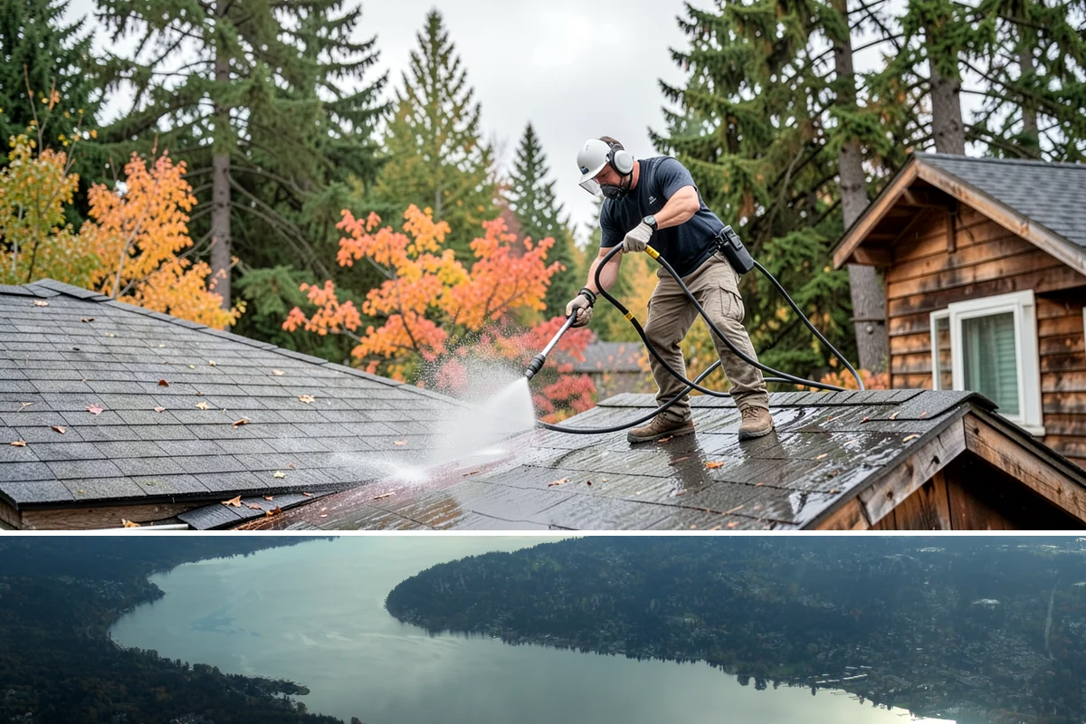 Roof Algae Removal in Sammamish, King County, WA - The dry summer stretch lets algaecide treatments cure without rain washing them away prematurely.