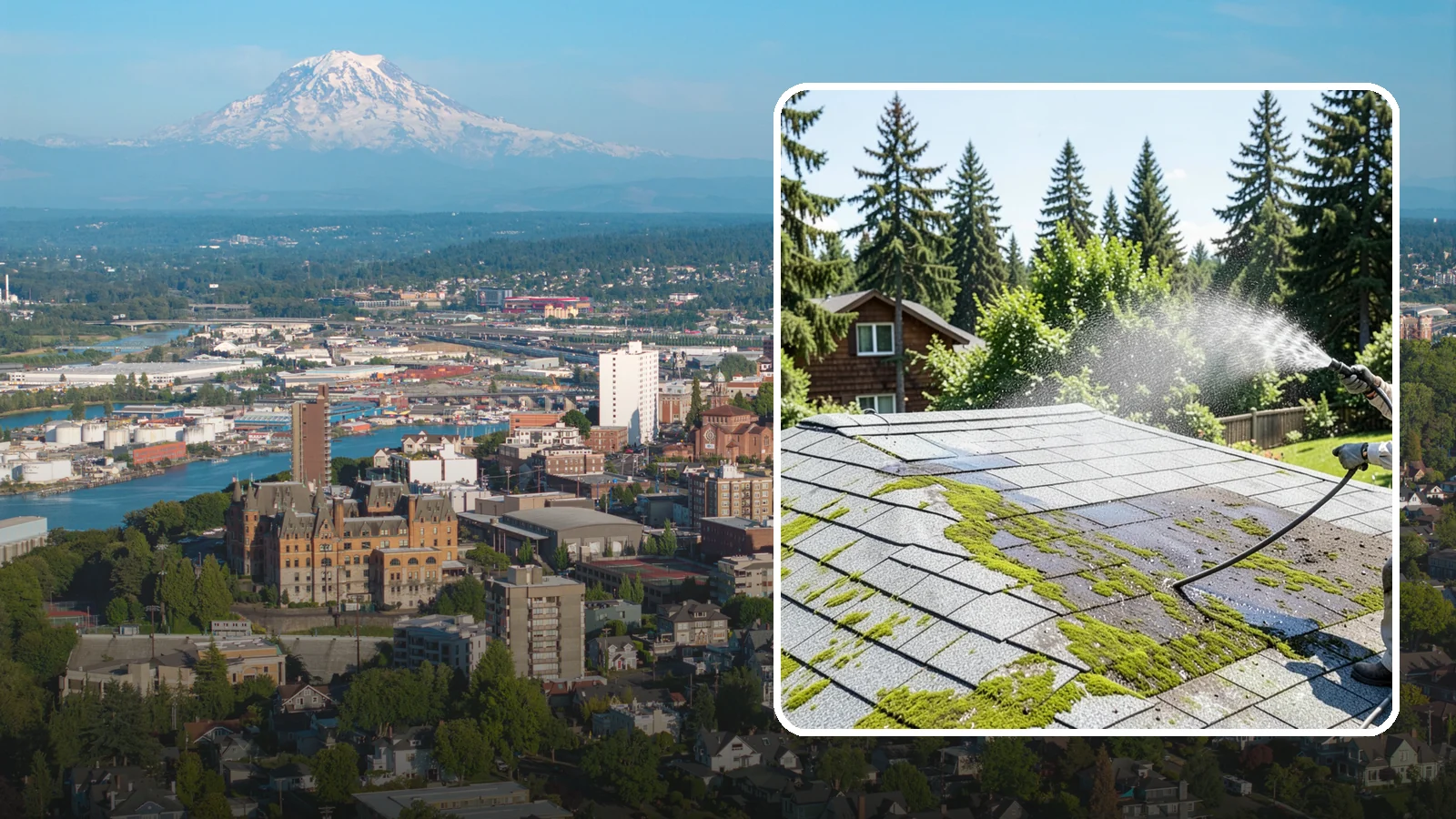 Roof Algae Removal in Tacoma, Pierce County, WA - Soft wash algae removal that dissolves the dark biological staining spreading across Northwest rooftops.