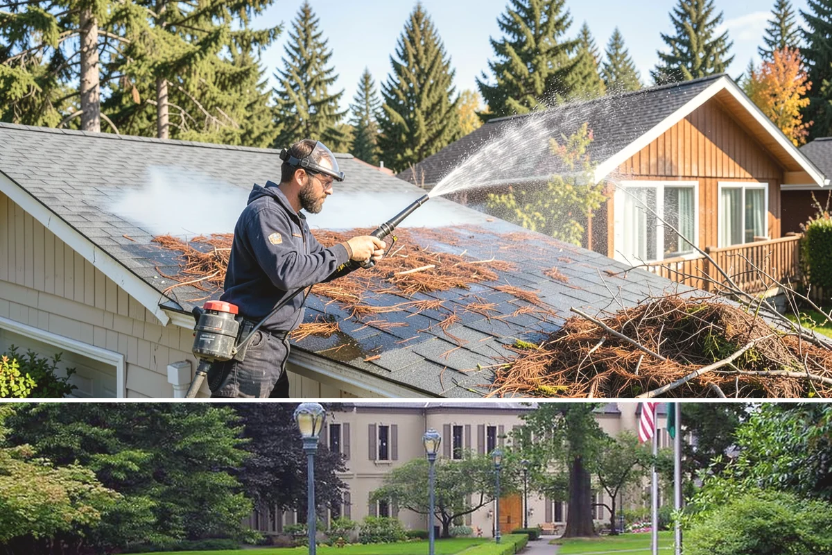 Roof Algae Removal in Woodinville, King County, WA - The dry summer stretch lets algaecide treatments cure without rain washing them away prematurely.