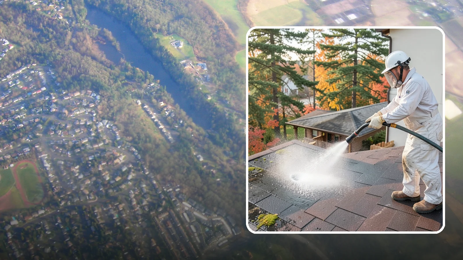 Roof Black Streak Removal in Algona, King County, WA - Focused removal of the black gloeocapsa streaks that run down composition roofs throughout the region.