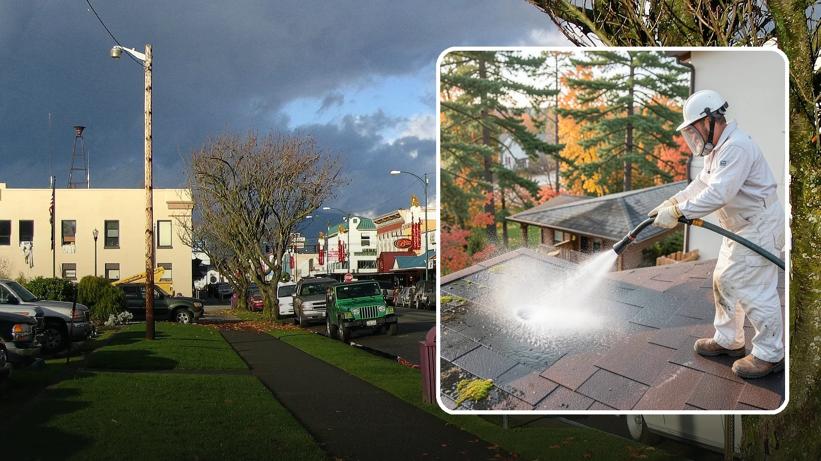 Roof Black Streak Removal in Arlington, Snohomish County, WA - Focused removal of the black gloeocapsa streaks that run down composition roofs throughout the region.