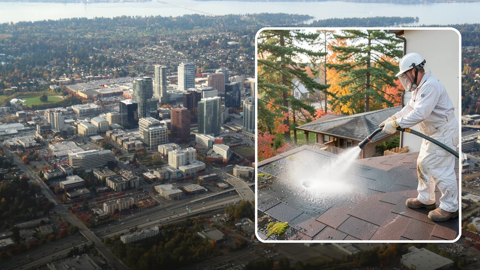 Roof Black Streak Removal in Bellevue, King County, WA - Focused removal of the black gloeocapsa streaks that run down composition roofs throughout the region.