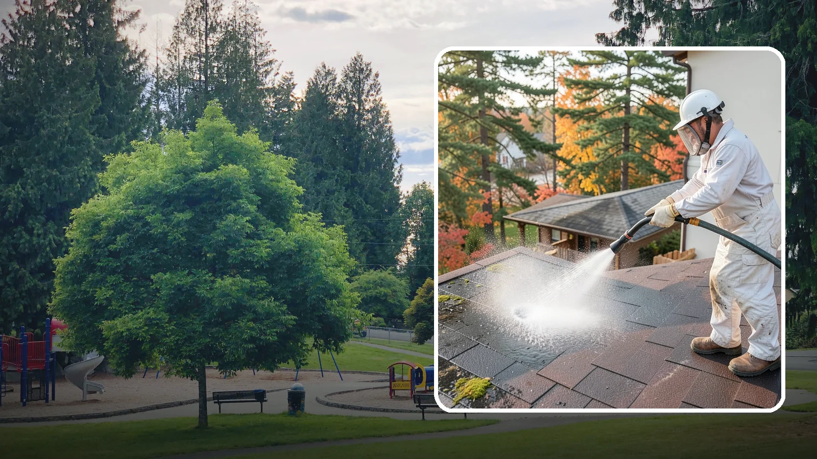 Roof Black Streak Removal in Bonney Lake, Pierce County, WA - Focused removal of the black gloeocapsa streaks that run down composition roofs throughout the region.