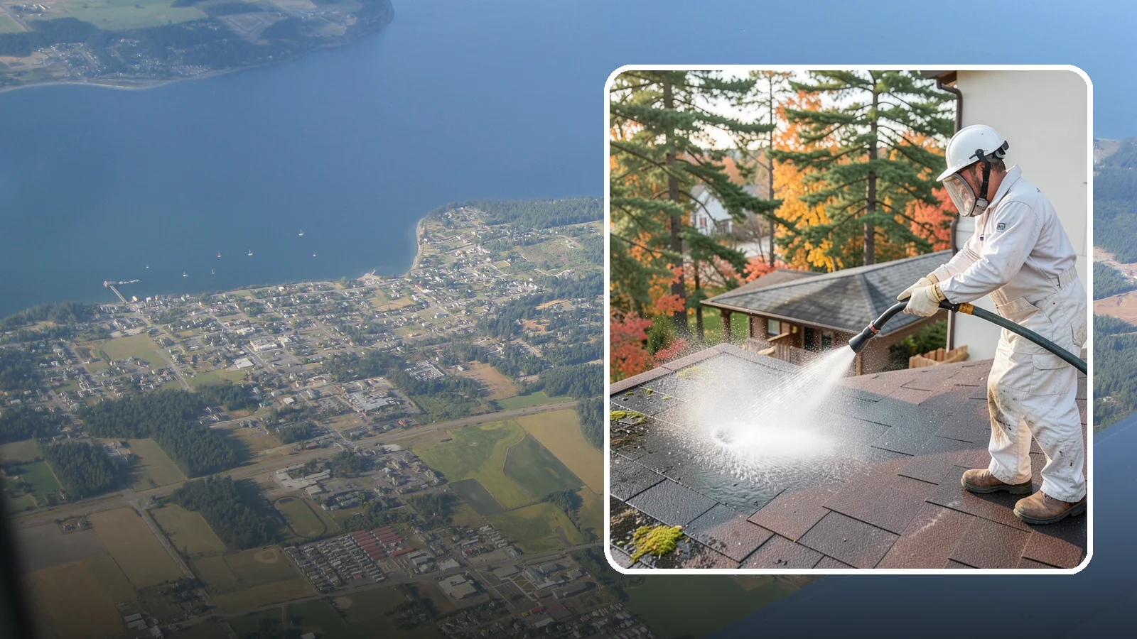 Roof Black Streak Removal in Coupeville, Island County, WA - Focused removal of the black gloeocapsa streaks that run down composition roofs throughout the region.