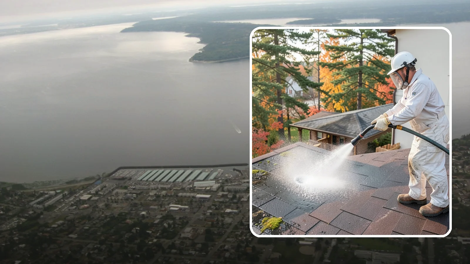 Roof Black Streak Removal in Des Moines, King County, WA - Focused removal of the black gloeocapsa streaks that run down composition roofs throughout the region.