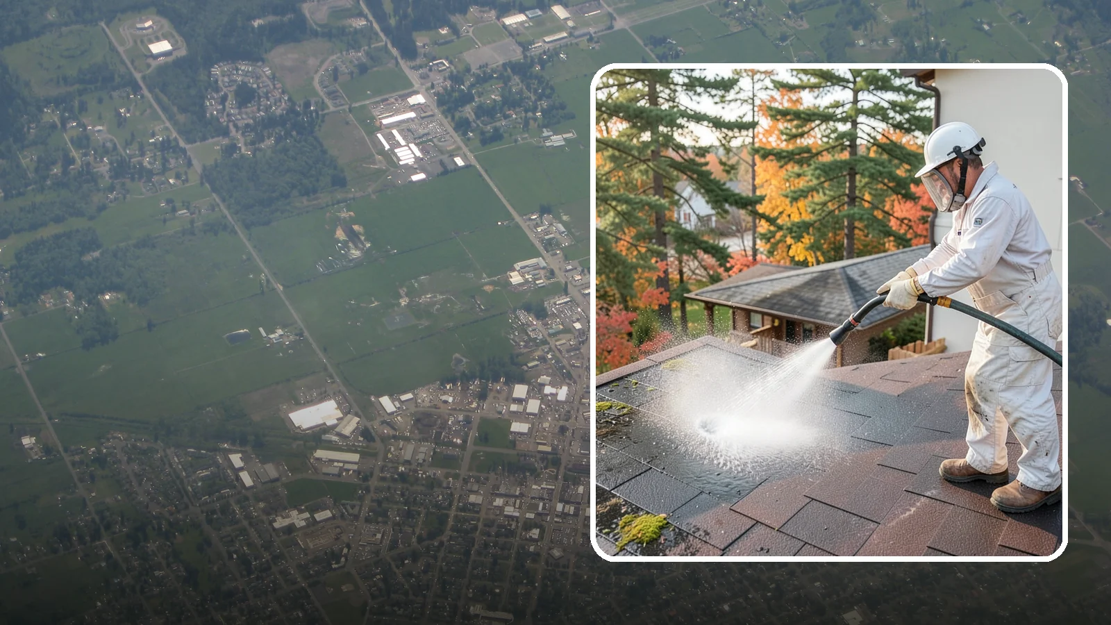 Roof Black Streak Removal in Enumclaw, King County, WA - Focused removal of the black gloeocapsa streaks that run down composition roofs throughout the region.