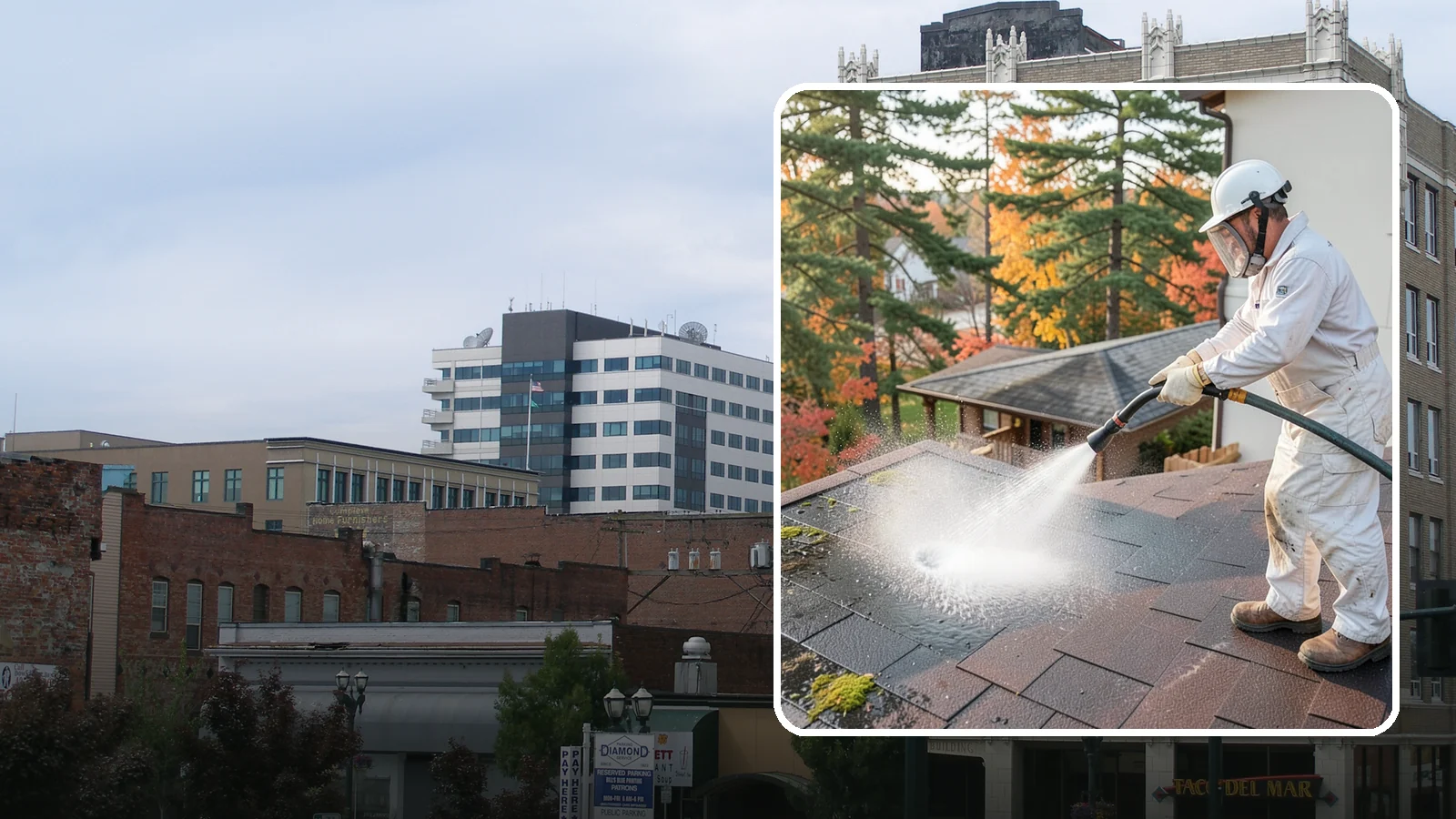 Roof Black Streak Removal in Everett, Snohomish County, WA - Focused removal of the black gloeocapsa streaks that run down composition roofs throughout the region.