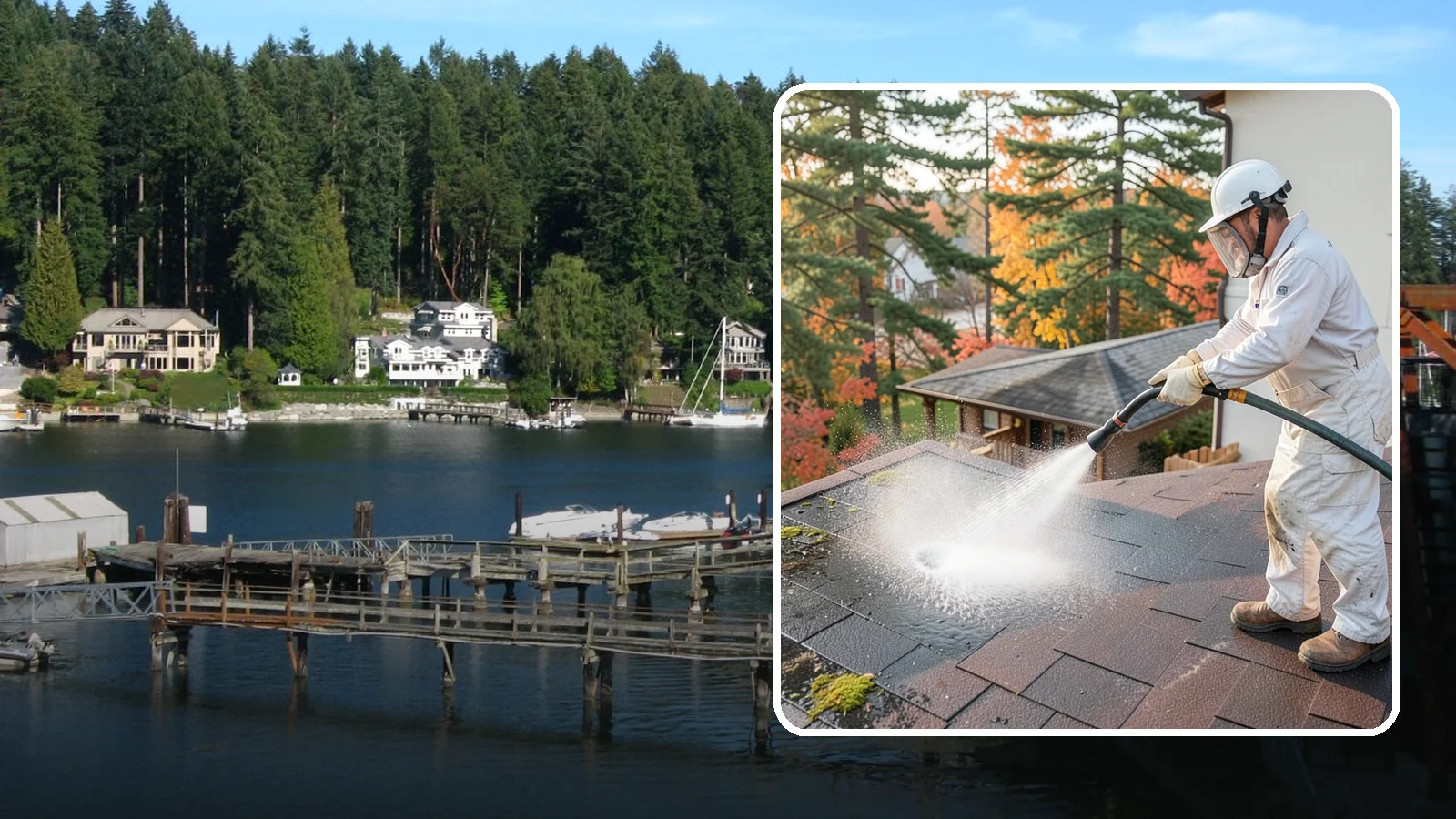 Roof Black Streak Removal in Gig Harbor, Pierce County, WA - Focused removal of the black gloeocapsa streaks that run down composition roofs throughout the region.