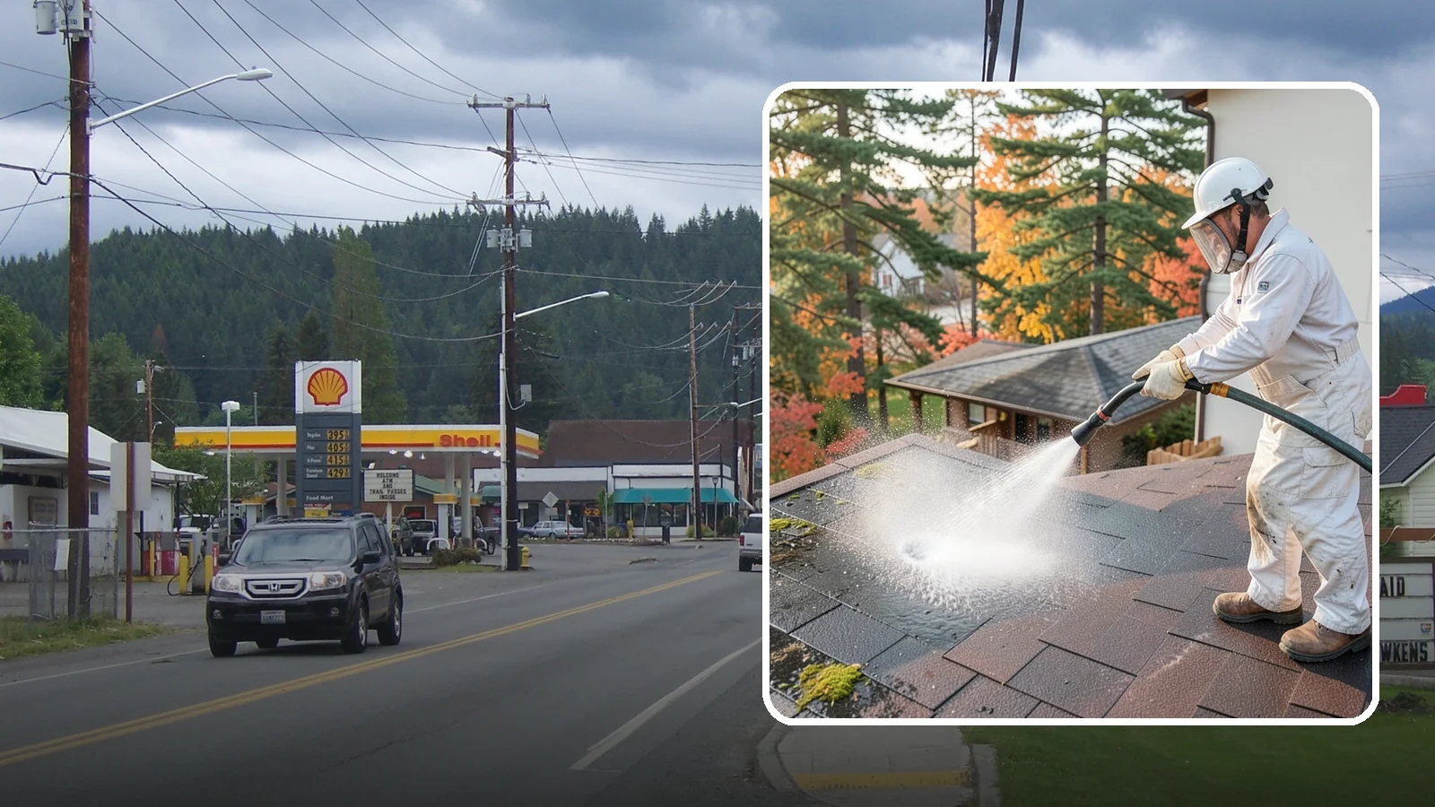 Roof Black Streak Removal in Granite Falls, Snohomish County, WA - Focused removal of the black gloeocapsa streaks that run down composition roofs throughout the region.