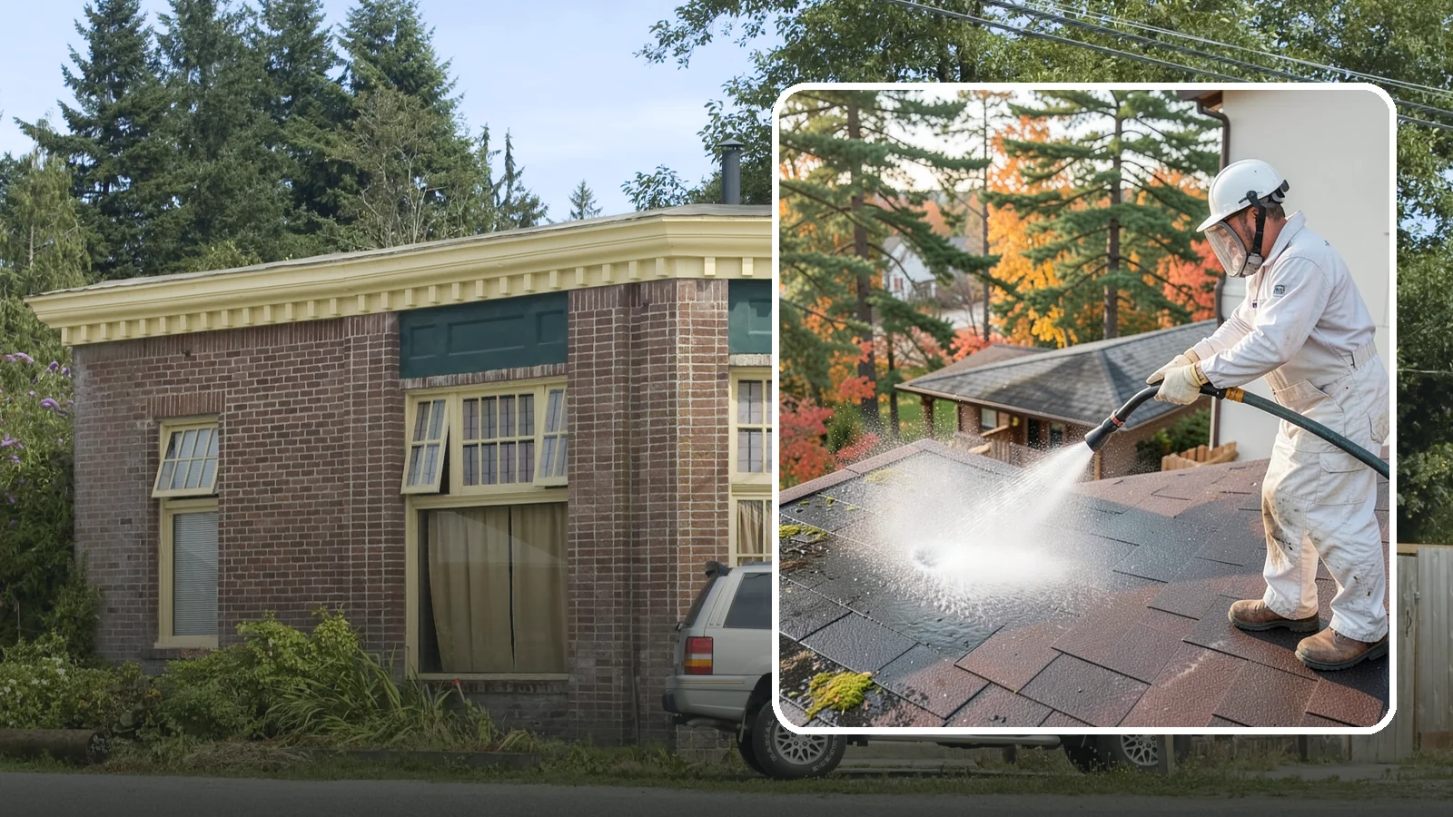 Roof Black Streak Removal in Hamilton, Skagit County, WA - Focused removal of the black gloeocapsa streaks that run down composition roofs throughout the region.